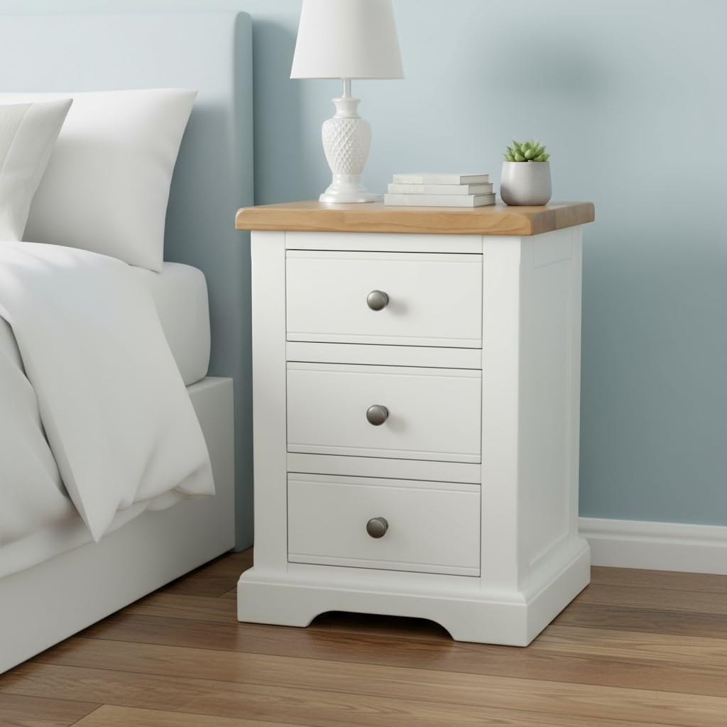 GROF GROFurniture XL Snow White Bedside Table 3 Drawers Bedside Cabinet, Real Wood Large Bedside Cabinet, Narrow Bedside Table Oak Top Bedside for