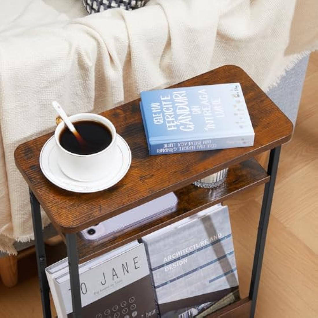 YEAKOO Narrow Side Table for Narrow and Small Spaces, Skinny Bedside Table Small Nightstand with Magazine Rack Space Saving (Rustic Brown, M)