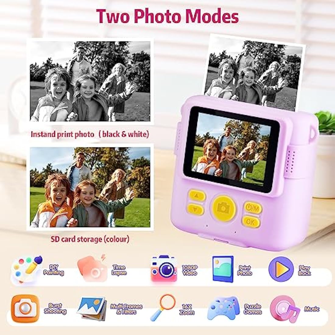 Kids Camera for Girls Boys, Instant Camera for Kids with Print Photo Paper,1080P HD Kids Digital Camera with 32GB SD Card Portable Toy Birthday Gifts for 3 4 5 6 7 8 9 10 Year Old Girl boy