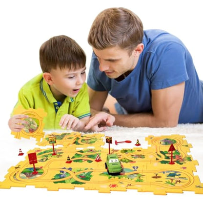 Puzzle Track with Vehicle Playset for Kid Age 3-6, Dinosaur Puzzle with Rail Car Educational Toy Racer Car with Slot Track and Dino Puzzle Gift for Boy Gril 3 4 5 6