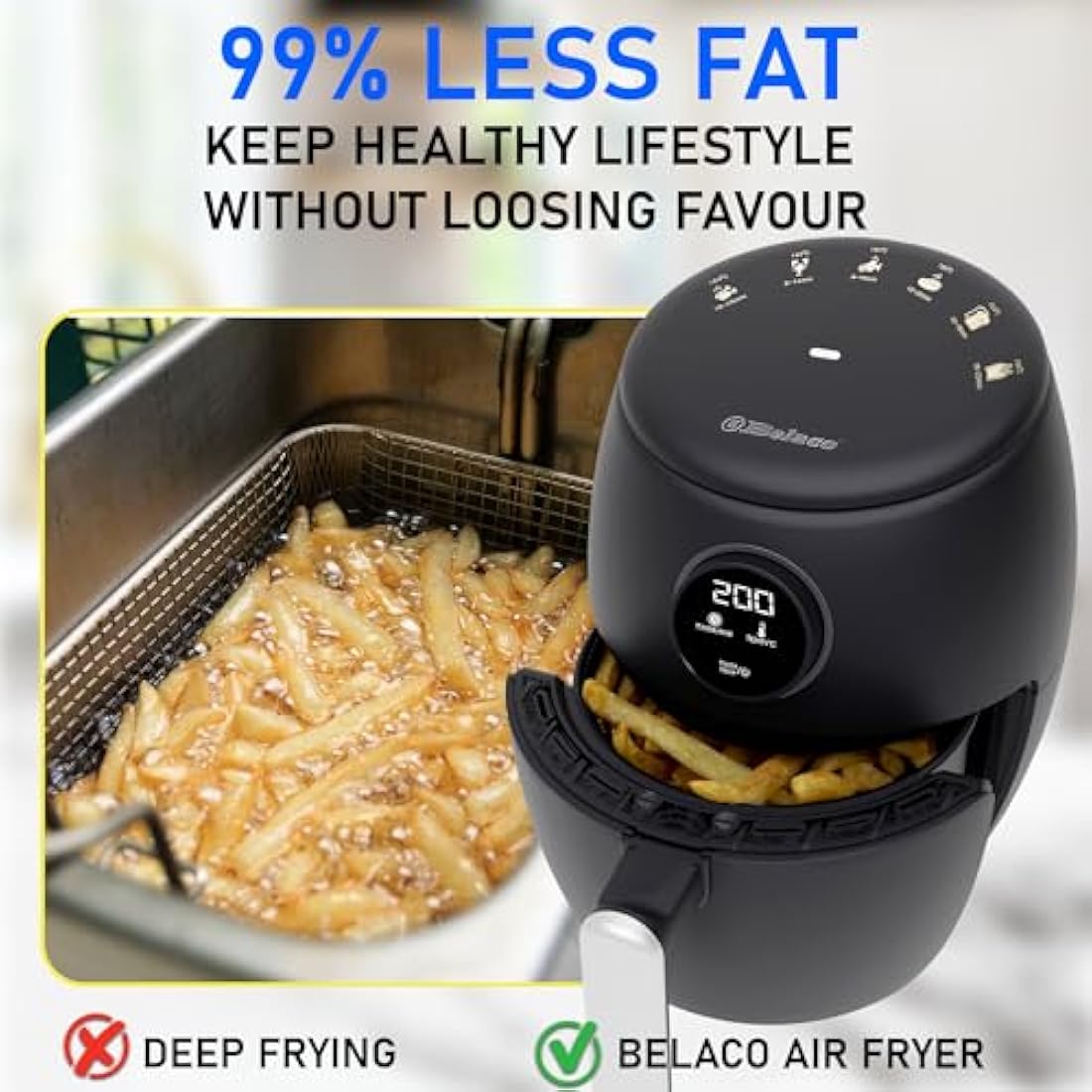 Belaco Air Fryer, 2L Digital Display, Rapid Air Circulation, Air Fryers, 60 Min Timer, Adjustable Temperature, Dishwasher Safe Basket BEL-AF-02
