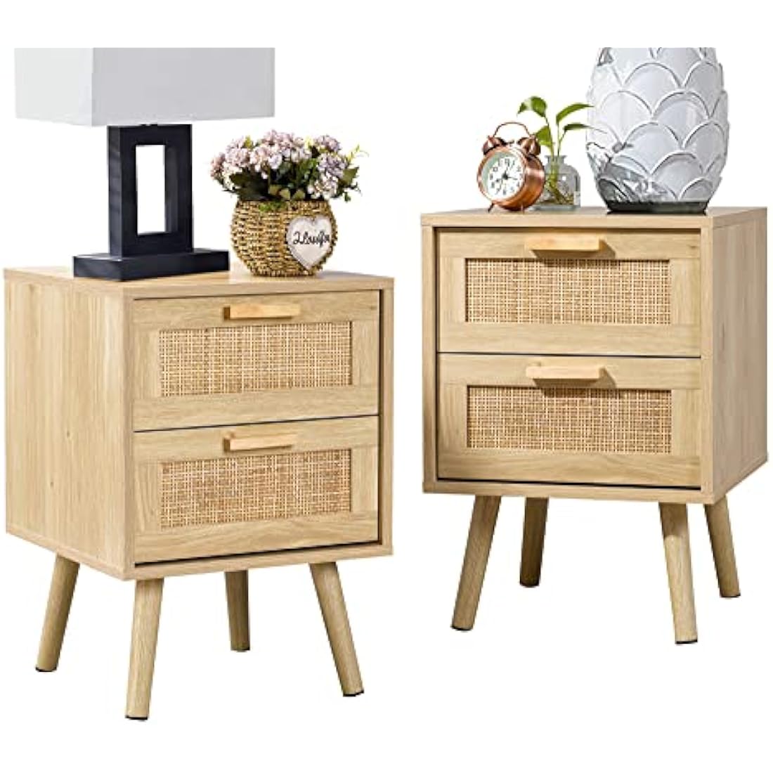 Finnhomy Bedside Tables Set of 2, Side Table with 2 Hand Made Rattan Decorated Drawers, Night Stand Set 2, Wood Nigntstand, End Table with Storage for Bedroom, Natural, 2 Pack