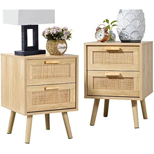 Finnhomy Bedside Tables Set of 2, Side Table with 2 Hand Made Rattan Decorated Drawers, Night Stand Set 2, Wood Nigntstand, End Table with Storage for Bedroom, Natural, 2 Pack