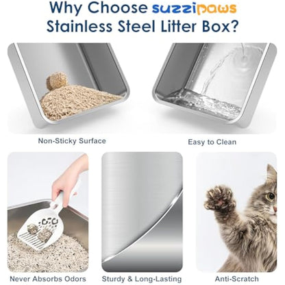 Suzzipaws Enclosed Stainless Steel Cat Litter Tray with Lid Extra Large Litter Box for Big Cats XL Metal Litter Pan Tray with High Wall Sides Enclosure, Non-Sticky, Anti-Leakage, Easy Cleaning