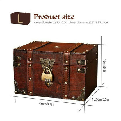 LIKEUDO Retro Jewelry Treasure Chest With Lock Vintage Wooden Trinket Storage Box (L (8.7x5.3x5.9in))