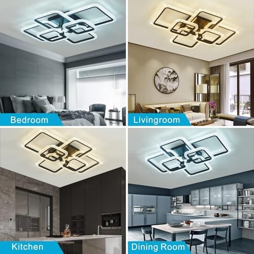 HIHIHOMY Modern LED Ceiling Lights for Living Room, Crystal Led Ceiling Light for Dining Room,Dimmable with Remote Ceiling Lamps for Kitchen,Black Flush Mount Led Ceiling Light with 6 Square Frame
