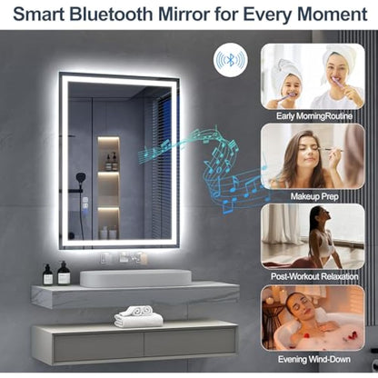 S'bagno Bluetooth-Bathroom-Mirror-with-LED-Lights 700x500mm, LED-Bathroom-Mirror with Defogging Mat, 3000K-6500K, Dimmable, Memory, HD Tempered Glass, IP44 Waterproof, Horizontal/Vertical