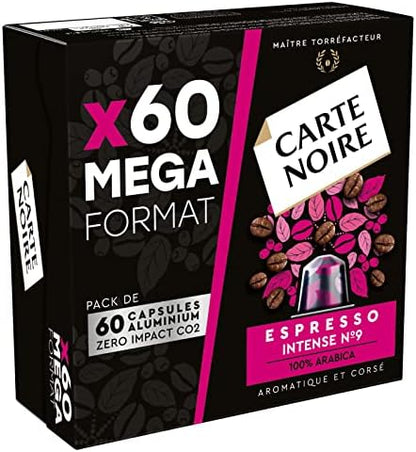 Carte Noire, Espresso Intense, Nespresso Compatible Aluminium Capsules, 1 Pack of 60 Coffee Pods, 100% Arabica, Dried Fruit and Chocolate Notes, Intensity 9/10, Rich and Lasting Taste