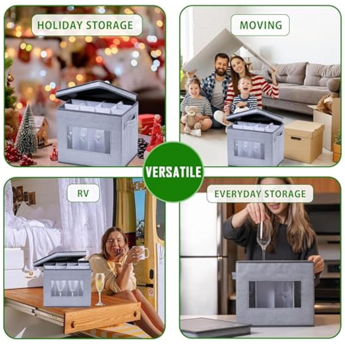 VENO 2 Pack Champagne Flute Glass Storage Box with Lid and Handles, Moving Boxes for Glasses, China Organizer Container, Glassware Holder, Dividers for 12 Glasses (2 Pack, Champagne Flute)