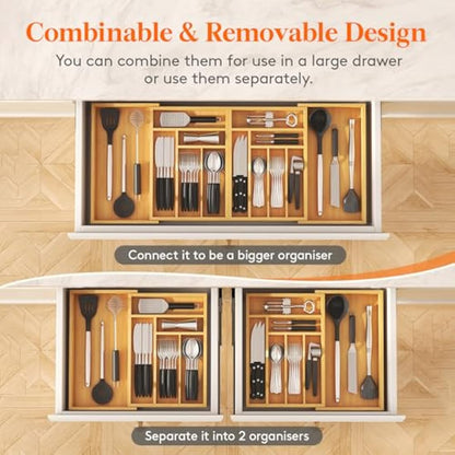 Lifewit Bamboo Extra Large Cutlery Drawer Organiser, Expandable to 36 Inches Cutlery Tray for Kitchen, Adjustable Silverware and Flatware Holder, Plastic Utensil Storage for Spoons Forks Knives