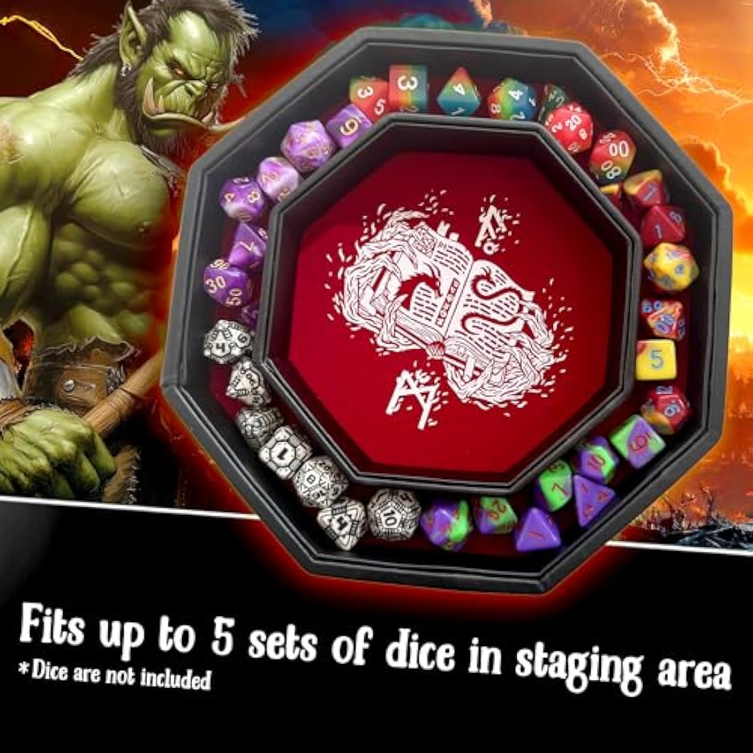 Fantasydice- Fire Dragon - Dice Tray - 20CM Octagon with Lid and Dice Staging Area- Holds 5 Sets of Dice(7 / Standard) For All Tabletop RPGs Like D&D, Call of Cthulhu, Shadowrun. (RED)