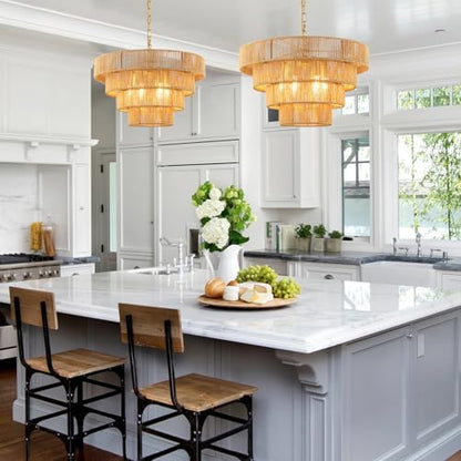 Schindora 50CM Boho Pendant Light,Hand-Woven Rattan Lampshade 6-Lights Light Shade 4 Round Transitional Rustic Large Lamp Shades Ceiling for Kitchen Island Bedroom Dining Room Living Room,Brass