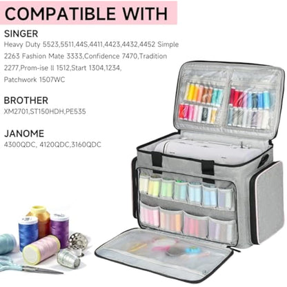 Sewing Machine Carrying Case Bag Compatible for Most Standard Singer,Brother,Janome with Multiple Storage Pockets,Universal Travel Tote Bag with Shoulder Strap for Sewing Machine and Supplies,Grey