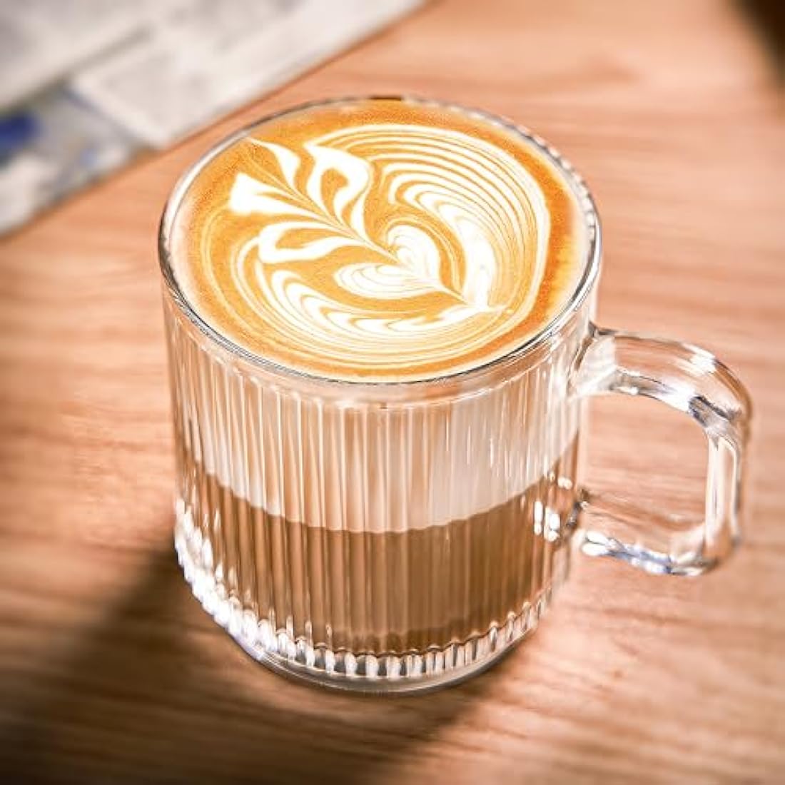 binsakao Glass Coffee Mugs 6 Pack - 340 ml Premium Coffee Cups with Handles - Classic Vertical Stripes Transparent Tea Cup Set for Hot Cold Beverages