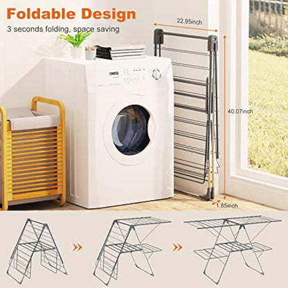 Innotic Clothes Airer with 33 bars, 2-Level Foldable Clothes Drying Rack Indoor Outdoor, Stainless Steel Large Clothes Horse, 6 Height-Adjustable Laundry Drying Rack (Grey)