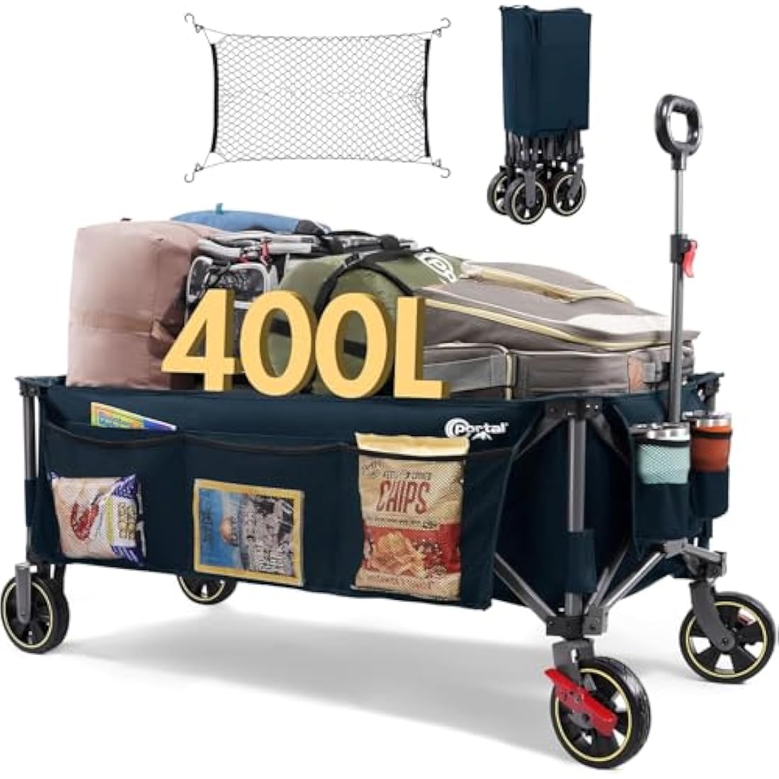 Portal 400L Festival Trolley on Wheels XXL Extended with Brakes Camping Trolley Cart Heavy Duty Beach Wagon Longer Pull along Collapsible Garden Cart Hand Truck Trailer Buggy for Fishing Picnic 160KG