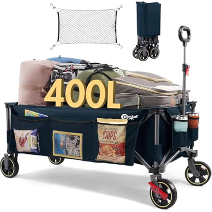 Portal 400L Festival Trolley on Wheels XXL Extended with Brakes Camping Trolley Cart Heavy Duty Beach Wagon Longer Pull along Collapsible Garden Cart Hand Truck Trailer Buggy for Fishing Picnic 160KG