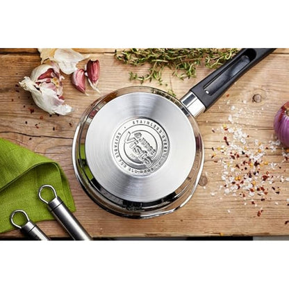 Judge Vista Draining Stainless Steel Medium Saucepan with Pouring Lip 14cm 1L, Shatterproof Glass Strain & Pour Lid, Induction Ready, Oven Safe