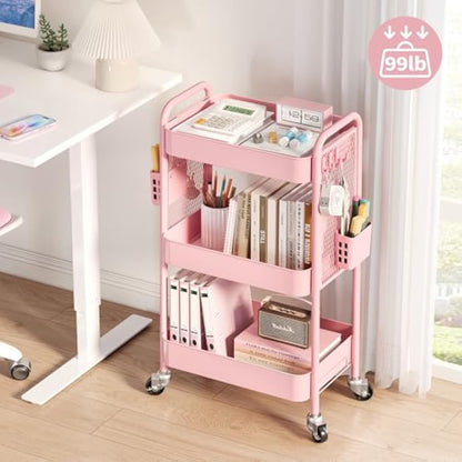 Urackify Storage Trolley on Wheels for Variety Applications, 3 Tier Trolley with Extra DIY Pegboards,Handing Bins, and Hooks for Living Room, Kitchen, Bathroom, Office, Classroom, Pink