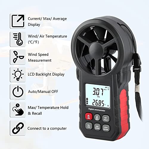 Digital Anemometer, Handheld Wind Speed Meter with Temperature/Humidity Sensor, USB & Bluetooth Connectable Air Flow Meter Wind Gauge for CFM/Drone/HVAC/Sailing/Surfing/Kite Flying