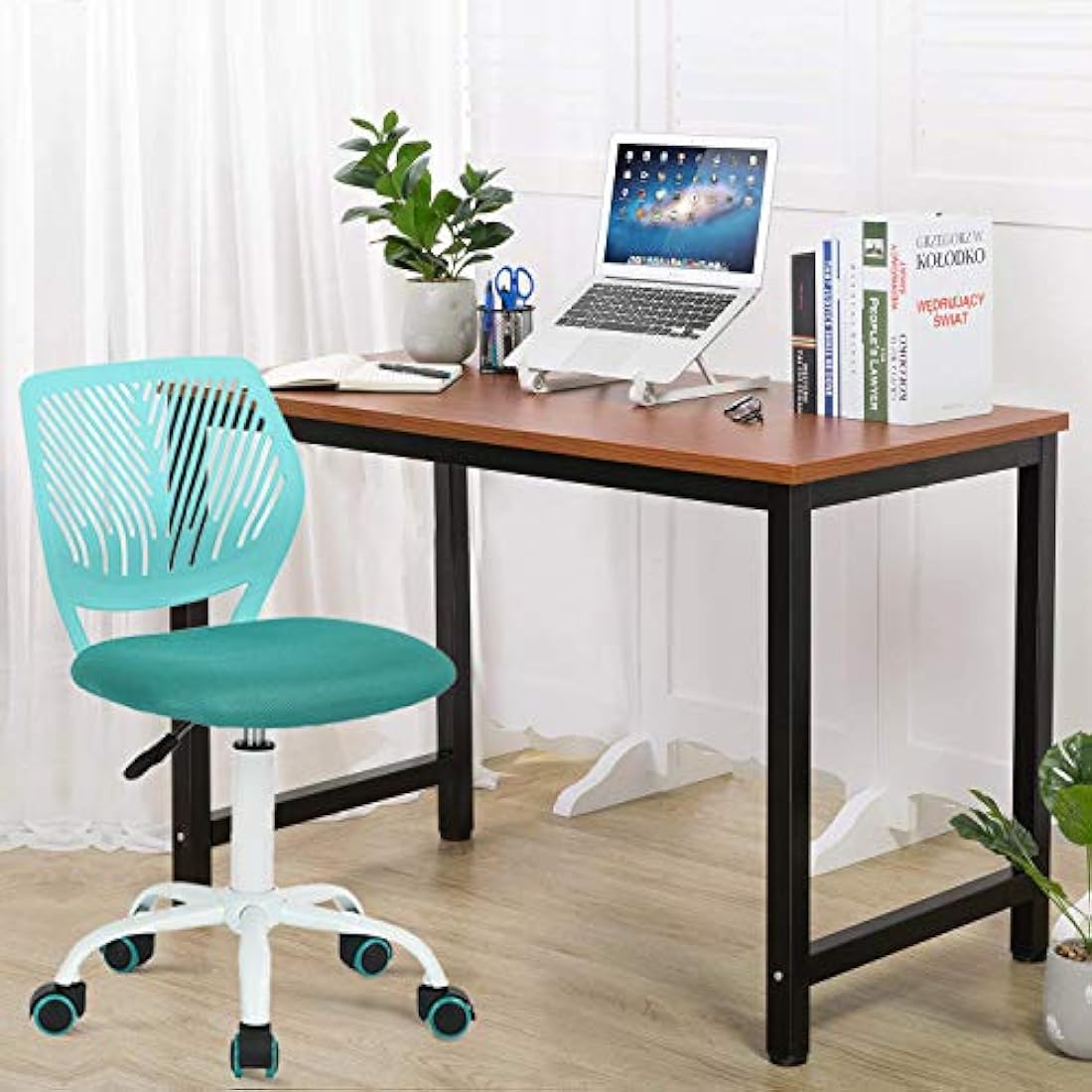 Homy Casa Desk Chair Adjustable Swivel Office Chair Fabric Seat Ergonomic Task Chair without Armrest Turquoise
