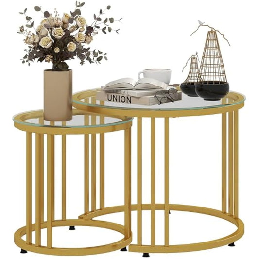 HOMCOM Nest of Tables, Round Coffee Tables Set of 2 with Tempered Glass Top and Steel Frame for Living Room, Gold Tone