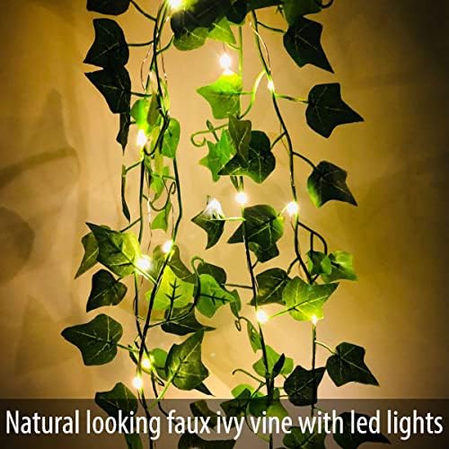 Fielegen 4 Pack 2 Meter Vine with Lights, Fake Ivy String Lights Battery Operated 80 LED Green Leaf Lights, Artificial Garland Plant Vine Fairy Light for Bedroom, Garden, Wall, Room, Party Decor