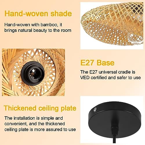 Schindora Bamboo Lampshade,Light Straw Retro Hat Pendant Light Creativity Pendant Light Fixtures Weaving Pendant Lighting Ceiling for Restaurant Tea Room Bedroom Living Room Cafe,50Cm