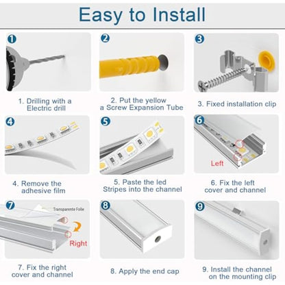 6 Pack Led Aluminum Profile, 1Meter/3.3ft U-Shape Led Aluminum Channel, Led Profile with Milky White Cover. LED Channels and LED Diffusers with End Caps, Mounting Clips and Corner Connectors