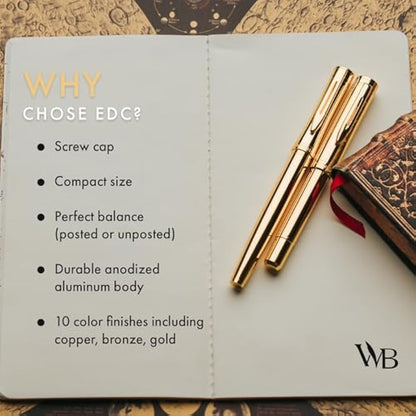Wordsworth and Black Fountain Pen Mini EDC: Luxury Gold Heavy Pocket Pen, Gold Finish, Medium Nib, 6 Ink Cartridges, Ink Converter, Travel Refillable Writing Pen Gift Set, Men & Women