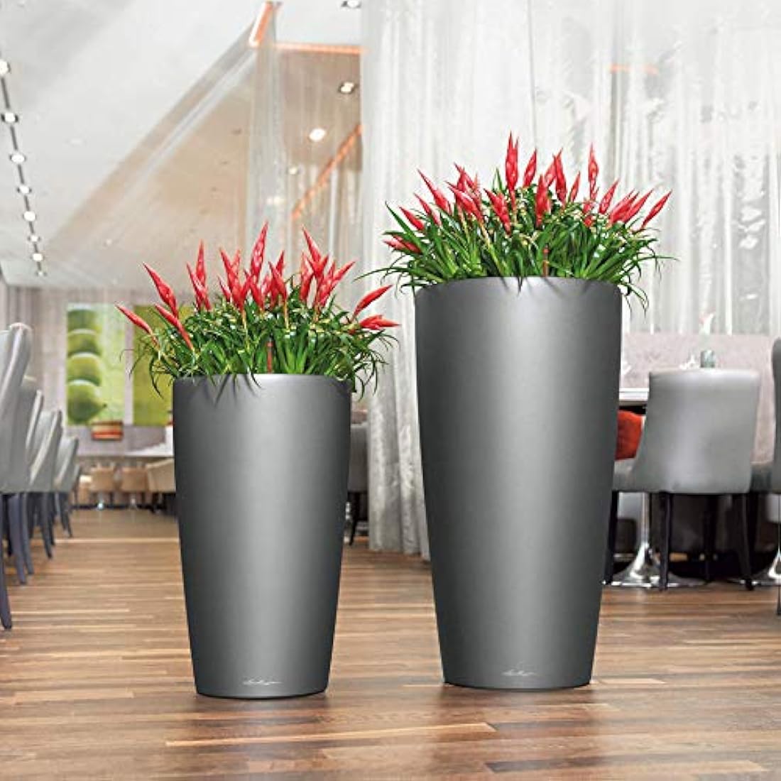 Lechuza RONDO 32 Self Watering Planter Large Plastic Indoor and Outdoor Plant Pot with Drainage Hole D32 H56 cm Shiny Taupe