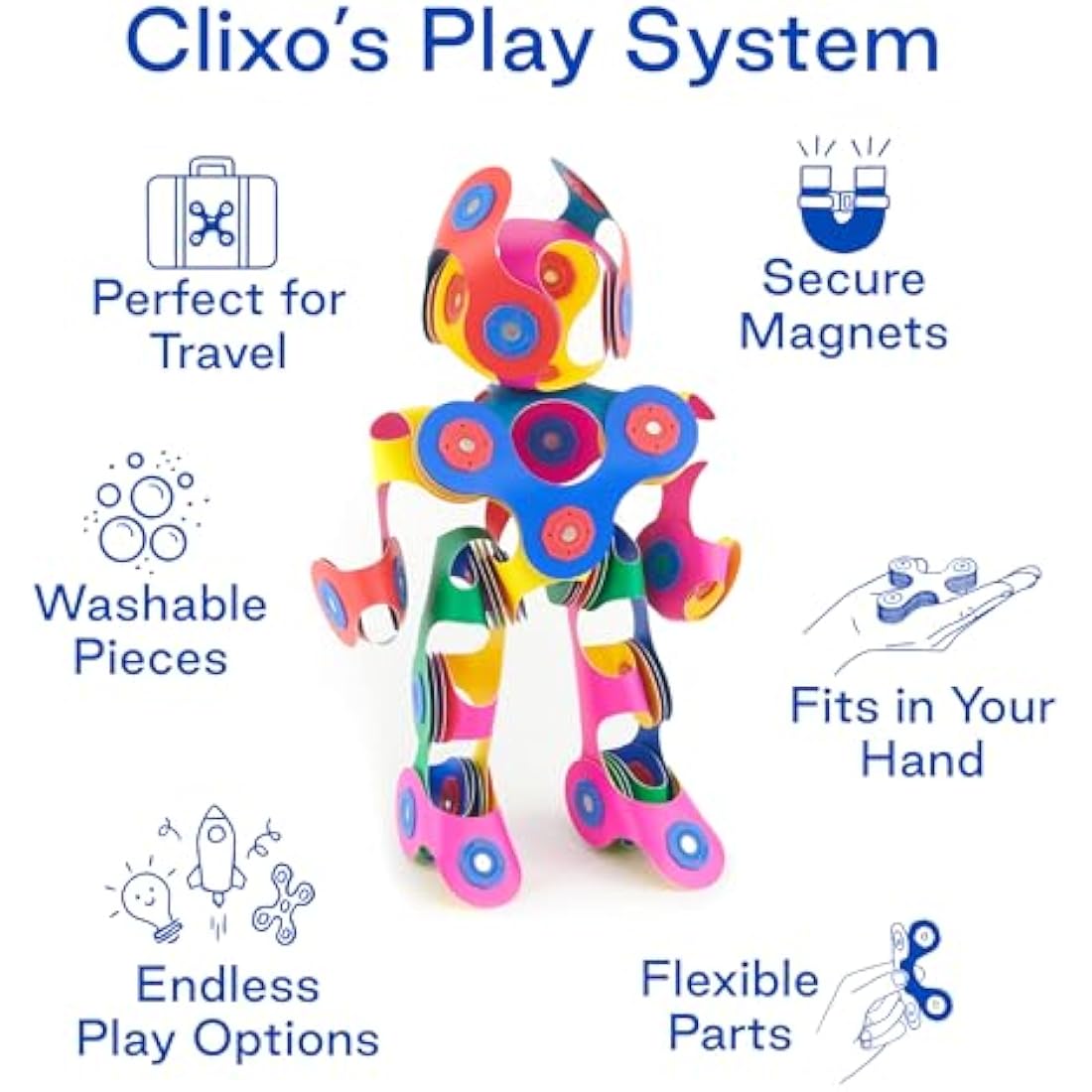 Clixo Rainbow 42 Piece Pack - Flexible, Durable, Imagination-Boosting Magnetic Building Toy- Modern, Modular Designs for Hours of STEM Play. A Multi-Sensory Magnet Toy, Travel Friendly. Ages 4-99