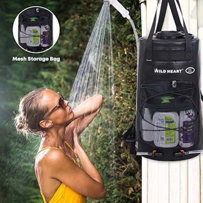 WILD HEART Camping Shower, 5.8 Gallons/22L Portable Camp Shower Bag with Upgraded Screw Lid, Water Level Window, Pressure Foot Pump, and Handy Nozzle, Solar Shower for Beach Camping Hiking Trip