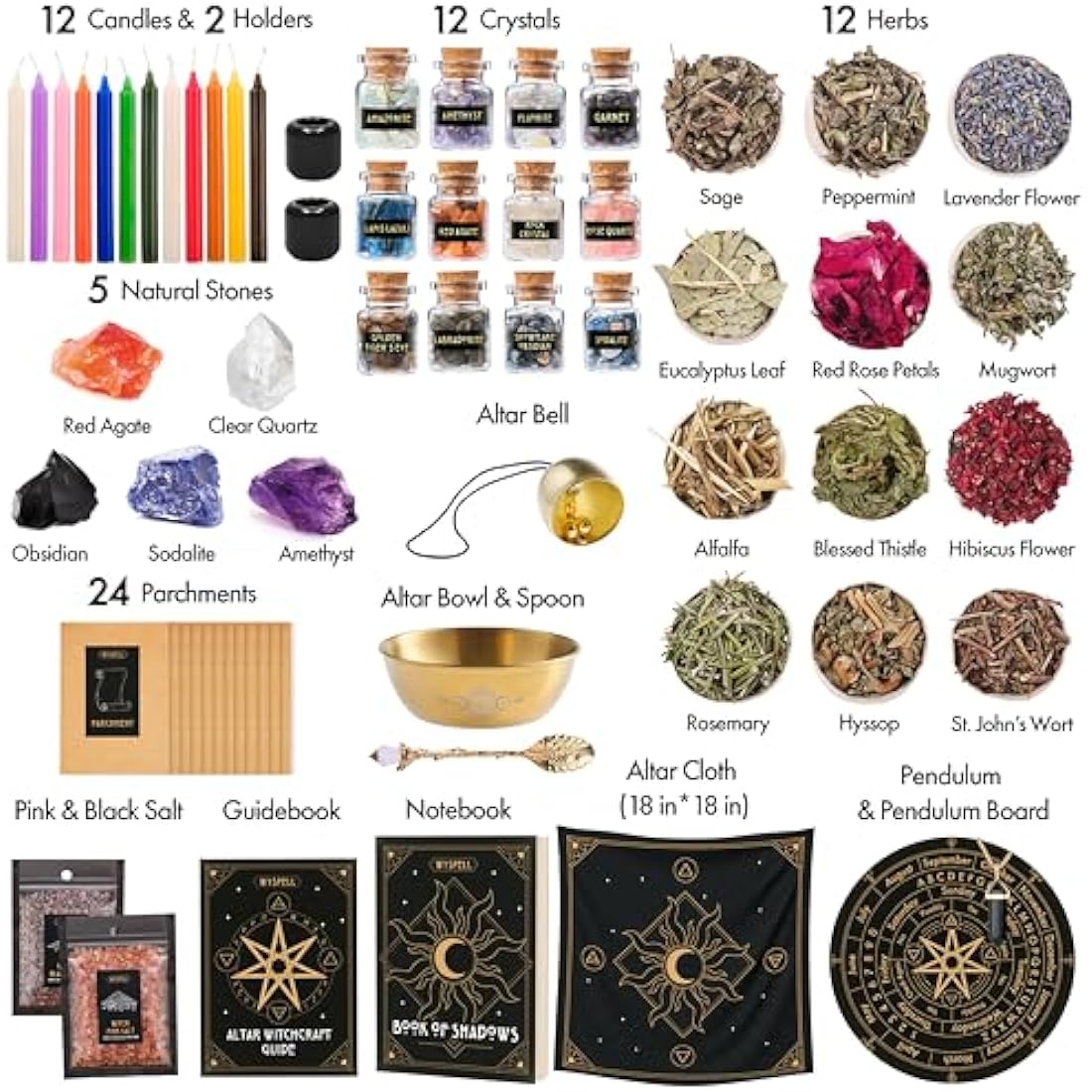 Large Witchcraft Kit 65 PCS - Witch Altar Starter Kit - Wiccan Supplies and Tools - Witchcraft Supplies Kit - Witch Set for Beginners Witchcraft Kit for Beginners - Witch Starter Kit Spell Kit