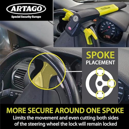 ARTAGO 870 High-End Steering Wheel Lock 2in1 Without or with 120dB Alarm + Don't Touch Warning, Visible and Deterrent High Security, Universal Anti Theft Bar Locking Device for Car, Truck, Van, Camper