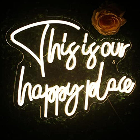 Looklight This is Our Happy Place Neon Sign Warm White Neon Signs for Wall Decor, Letter Light Sign Happy Place Light Up Signs for Bedroom Kids Room Home Bar Birthday Wedding Party Game Room