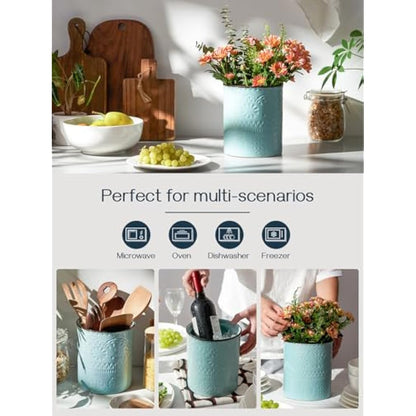 DOWAN Utensil Holder, 7.2 x 6.2 inches Large Kitchen Utensil Holder for Countertop, Ceramic Cutlery Holder, Romantic Relievo Crock, Utensil Caddy, Utensil Organizer, Ice Bucket, Vase, Home Décor-Blue