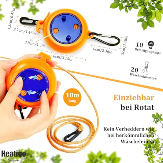 Heatigo 8M Portable Camping Retractable Clothes Line Clothes Airer for Holiday Outdoor, Bathroom, Laundry Room, Garden or Travel