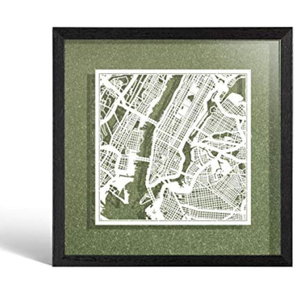 O3 DESIGN STUDIO New York Paper Cut Map framed, White map, Black frame, 9x9 inches, Gift Boxed, 4 background color, self-changing, Paper Art
