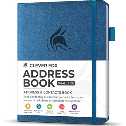 Clever Fox Address Book with alphabetic tabs - PU Leather Telephone and Address Book for Keeping Contacts Safe, Contact Organizer Journal, Small Size (10.5 x 14cm), Hardcover, Mystic Blue