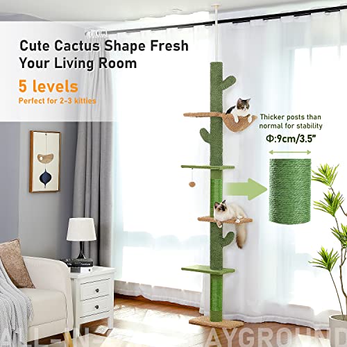 PAWZ Road Cactus Cat Tree Floor to Ceiling Cat Tower with Adjustable Height(229-275cm), 5 Tiers Cat Climbing Activity Center with Cozy Hammock,