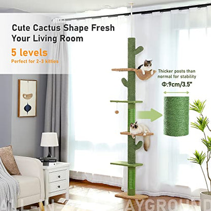 PAWZ Road Cactus Cat Tree Floor to Ceiling Cat Tower with Adjustable Height(229-275cm), 5 Tiers Cat Climbing Activity Center with Cozy Hammock,