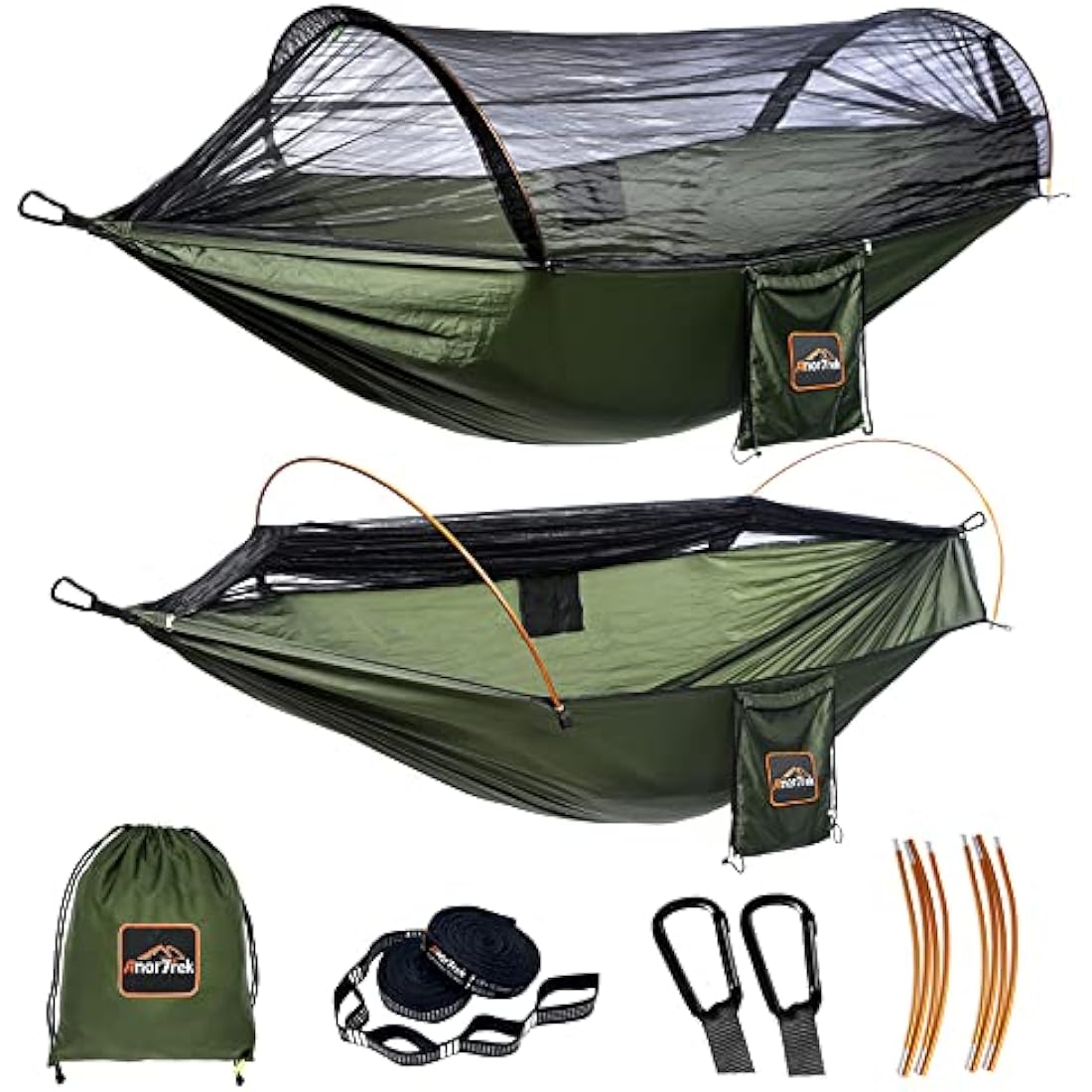 AnorTrek Professional Camping Hammock with Mosquito Net, Lightweight Portable Double Hammock with Two 10 FT Hammock Tree Straps, 230T Nylon Hammock for Camping Hiking Garden Backpacking (Green)