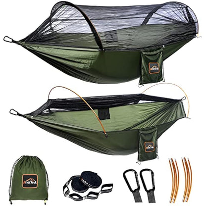AnorTrek Professional Camping Hammock with Mosquito Net, Lightweight Portable Double Hammock with Two 10 FT Hammock Tree Straps, 230T Nylon Hammock for Camping Hiking Garden Backpacking (Green)