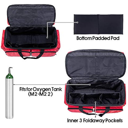 Trunab Large Emergency Medical Bag Empty with Compartment for Oxygen Tank(M2-M22), Large First Responder Bag with Bottom Board Pad for Sport Team, Community Volunteer, Bag Only, Red-Patented Design