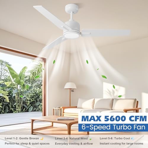 Newday 48 inch White Ceiling Fan with Lights and Remote Control, Quiet Ceiling Fan with Stepless Dimmable LED, Reversible DC Motor, 6 Speeds, 3 Timer, Memory Function for Bedroom Living Room Terrace