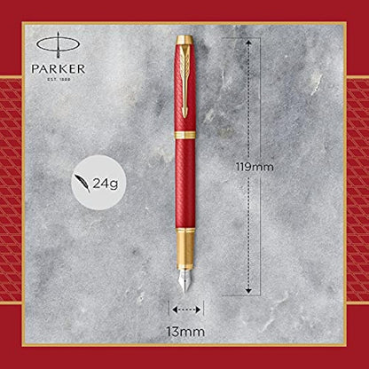 Parker IM Fountain Pen | Premium Red Lacquer with Gold Trim | Fine Point with Blue Ink Cartridge | Gift Box