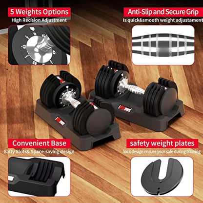 EnterSports 12kg/18KG/27KG Adjustable Dumbbells,Dumbbell Set for Saving Place, Dumbbell Weights with Non-Slip Handle, Home Gym Strength Training Equipment for Full Bodybuilding