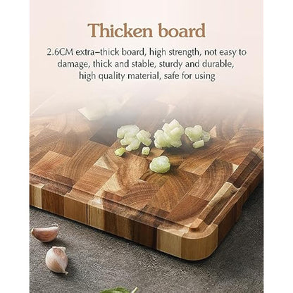 XINZUO Acacia Wood Cutting Board for Kitchen End Grain (13.8''L x 9.8''W x 1''T)-Wooden Chopping Board Meat Cutting Board with Non-Slip Feet, Side Handles and Juice Groove