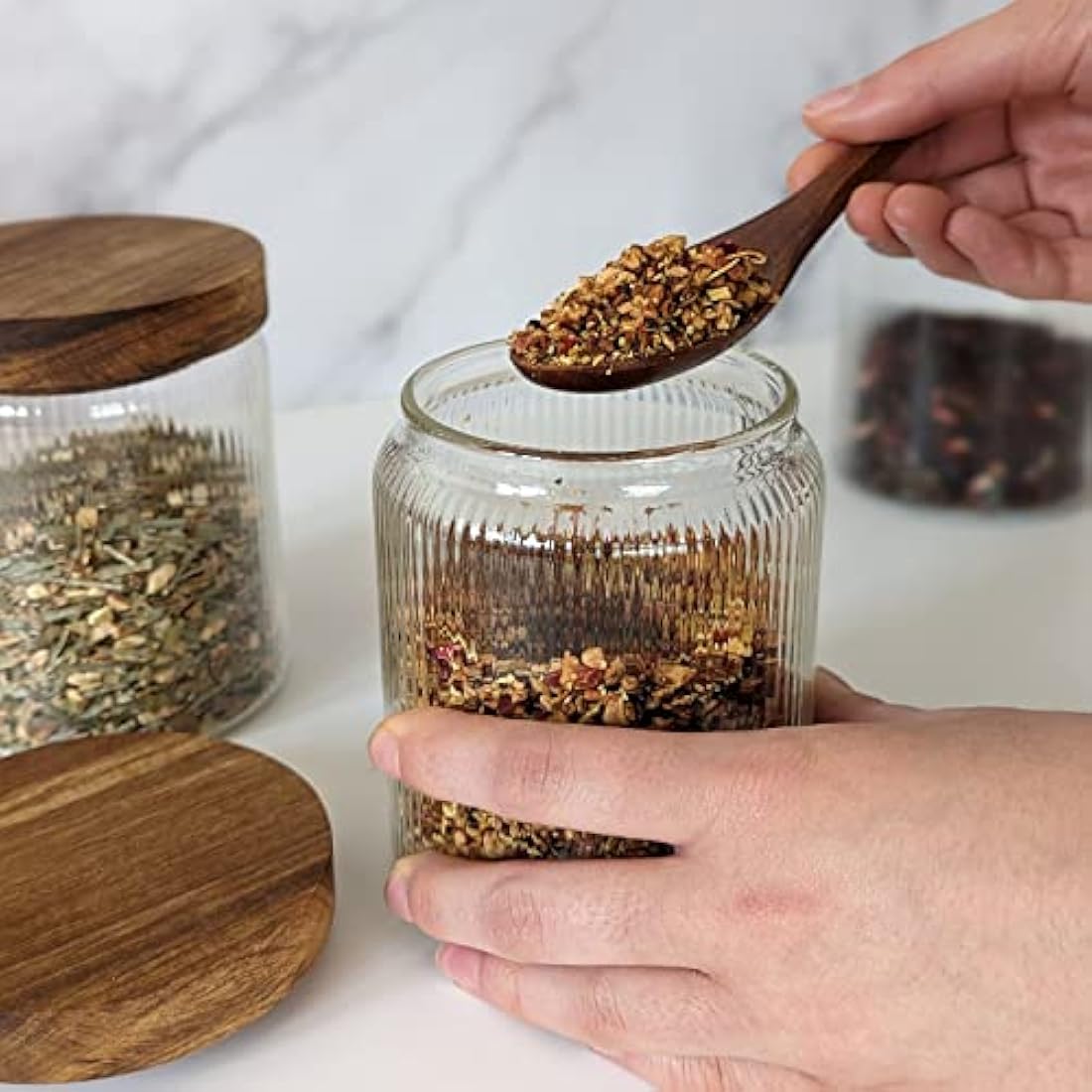 Mason & Fable Ribbed Glass Jar with Wooden Lid 500ml set of 3 | Airtight Glass Storage Canister for Food, Pasta, Coffee, Dog Treats, Snacks | Container for Home & Kitchen